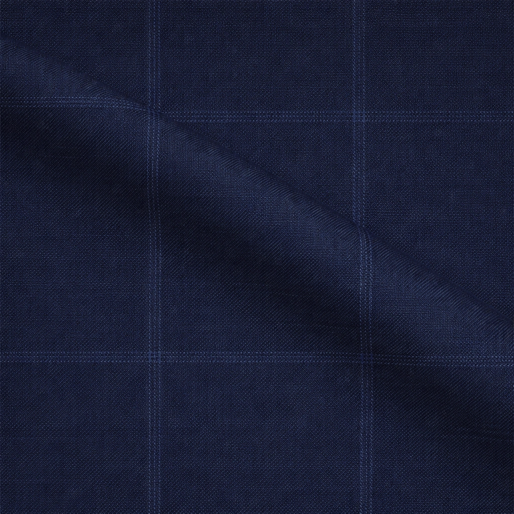 VBC blue windowpane check wool suiting fabric close-up, Super 110s Italian wool with subtle check pattern, ideal for business suits, tailored jackets, and premium bespoke menswear styling