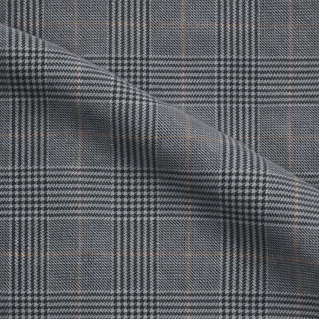 VBC grey Glen check wool suiting fabric with rust overcheck, Super 110s Italian wool, classic Prince of Wales pattern for business suits, tailored jackets, and premium bespoke menswear styling