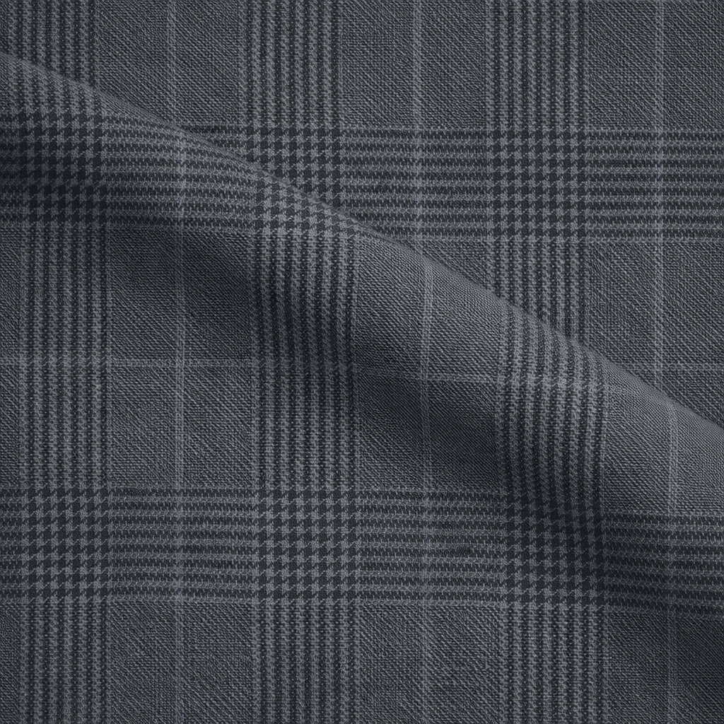 VBC grey Prince of Wales check wool suiting fabric close-up, Super 110s Italian wool with subtle overcheck pattern, ideal for business suits, tailored jackets, and bespoke menswear craftsmanship