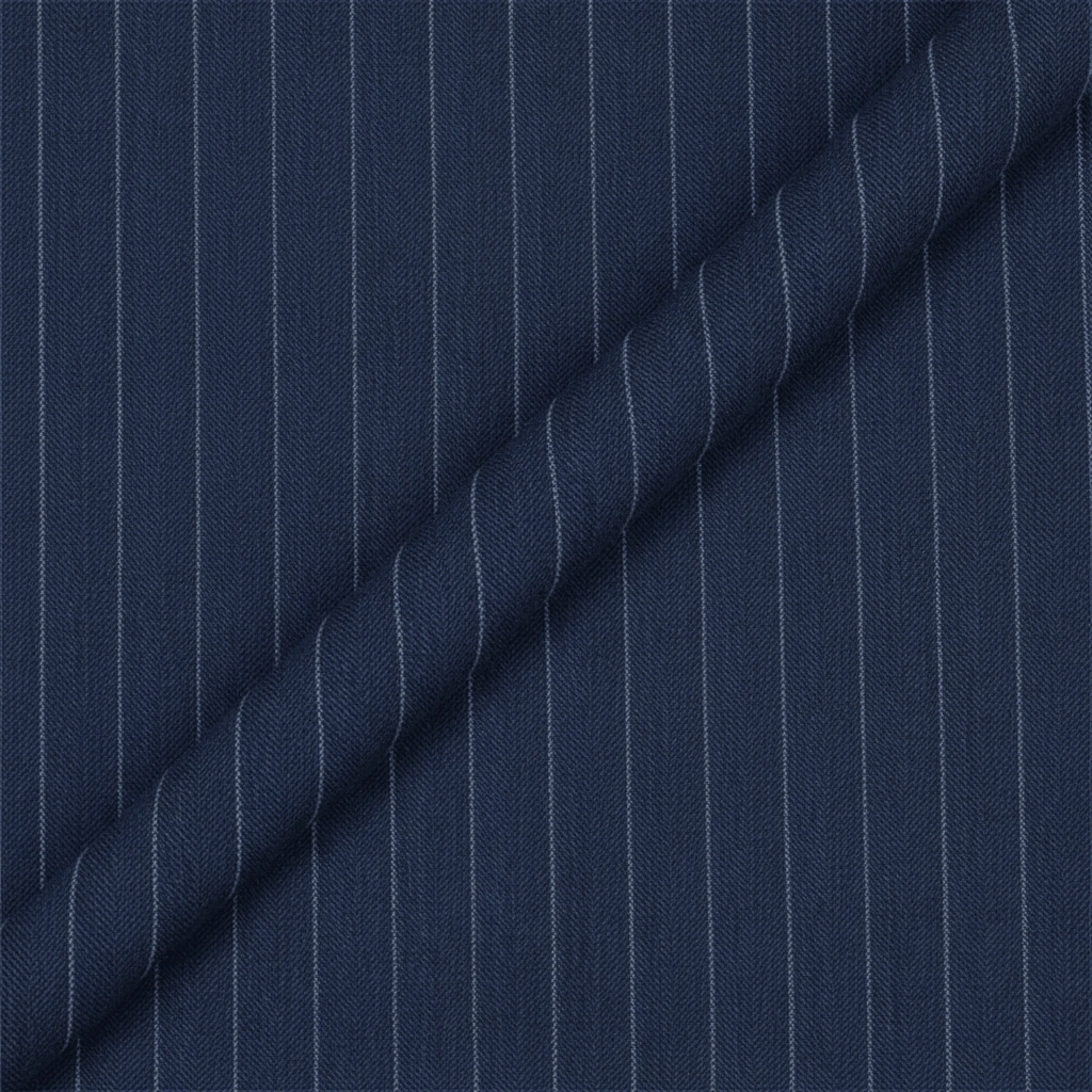 VBC blue pinstripe wool suiting fabric close-up, Super 110s Italian wool in plain weave with fine vertical stripes, ideal for business suits, formal tailoring, and bespoke menswear craftsmanship