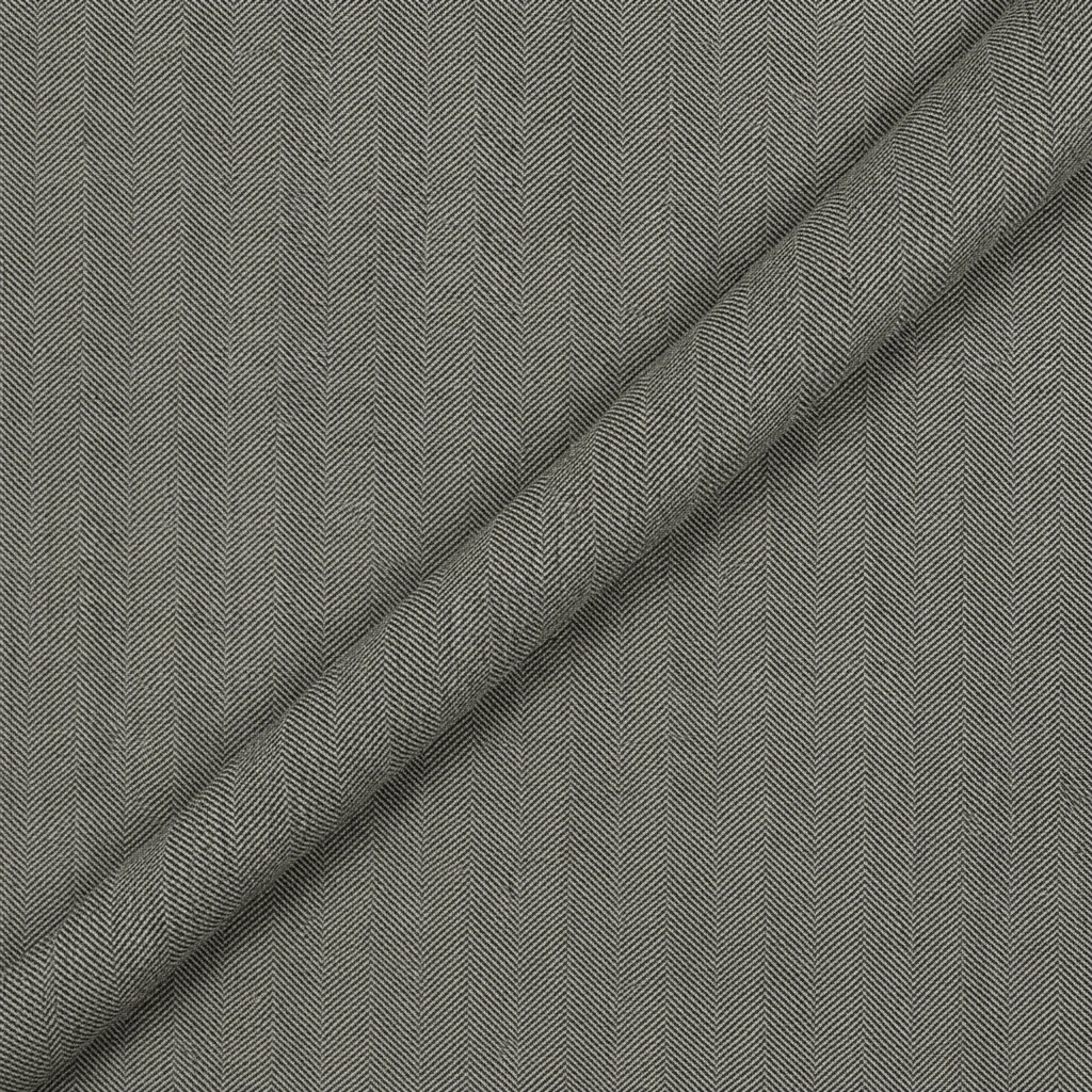 VBC grey khaki herringbone wool silk suiting fabric close-up, 90% wool 10% silk blend with subtle sheen and textured weave, ideal for luxury suits, business tailoring, and bespoke menswear craftsmanship