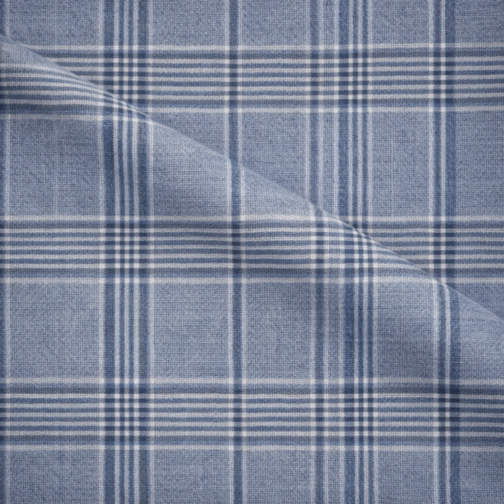Zegna Traveller light blue Glen check suiting fabric close-up, crease-resistant luxury wool with plaid pattern, ideal for business travel suits, tailored jackets, and premium bespoke menswear styling