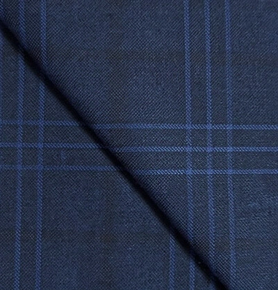 Zegna Trofeo blue windowpane check wool suiting fabric close-up, superfine 100% wool with refined drape and sharp pattern, luxury men’s tailoring fabric for business suits, formal wear, and premium bespoke suiting (high-resolution texture)