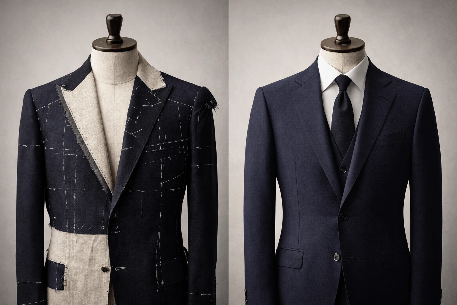 Two suits side by side, bespoke vs made-to-measure,
             mid-construction on left, finished
             made-to-measure on right