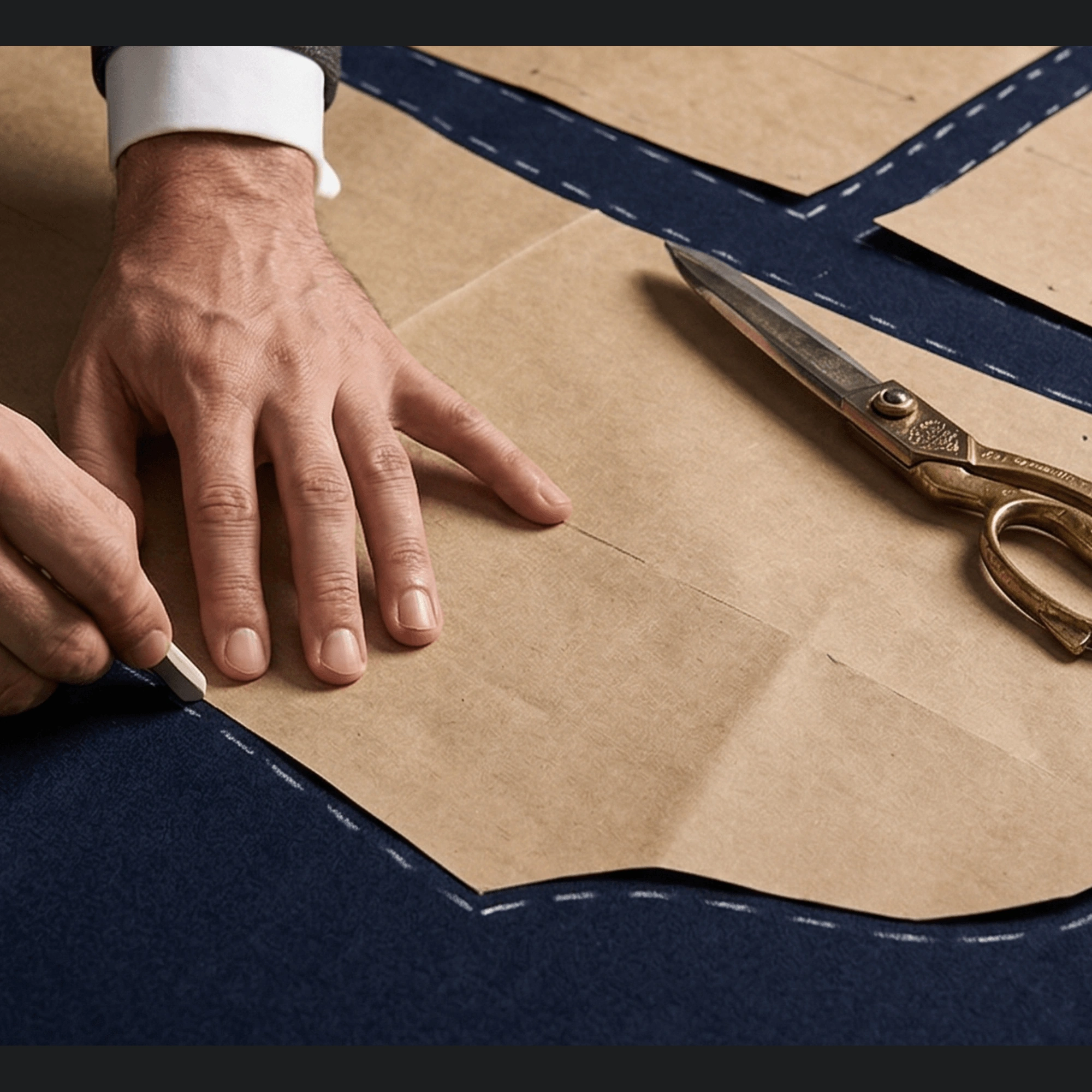 A tailor adjusting a base block pattern at a cutting table, explaining cutting in bespoke vs made-to-measure.