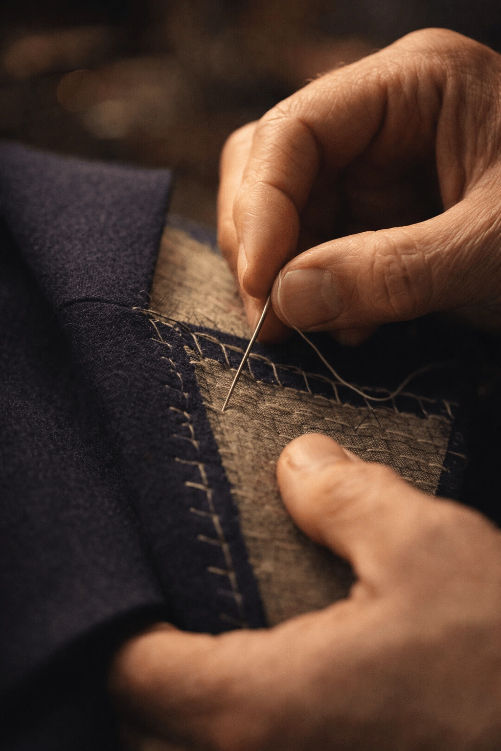 A tailor's hands pad-stitching
               a suit lapel canvas by hand