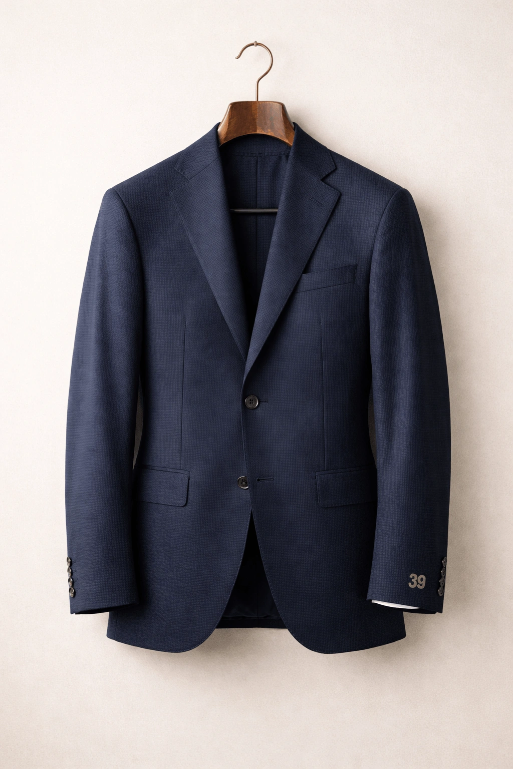 A
               made-to-measure try-on suit jacket
               on a wooden hanger