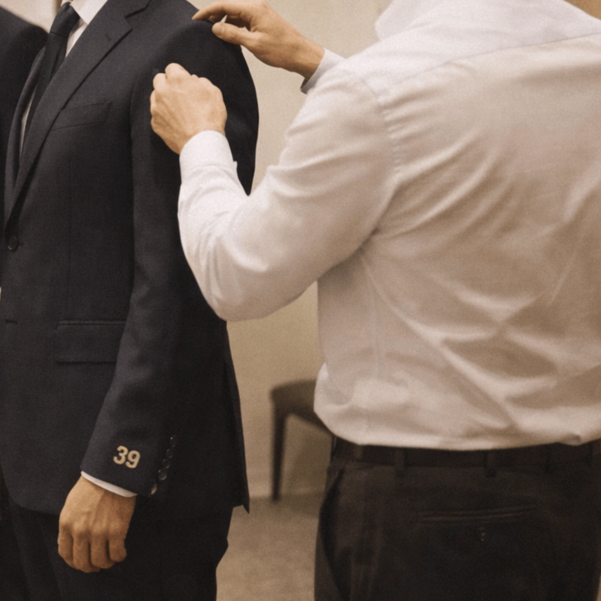 A mtm stylist using a try-on jacket for measurements establishing the difference between bespoke vs made-to-measure provess in a modern fitting room